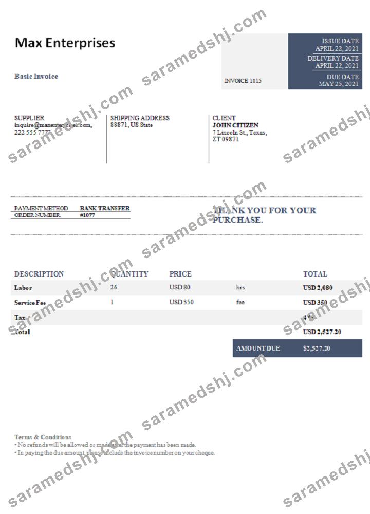 USA Max Enterprises invoice